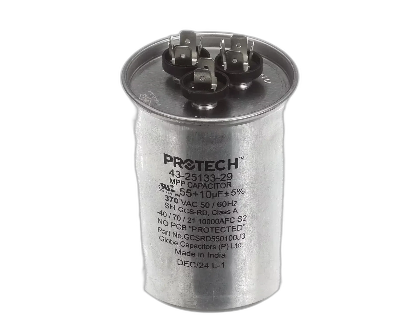 Capacitor, Dual, 55/10uF, 370VAC, 50/60HZ, Round Blower Motors, Fan, Run Capacitors