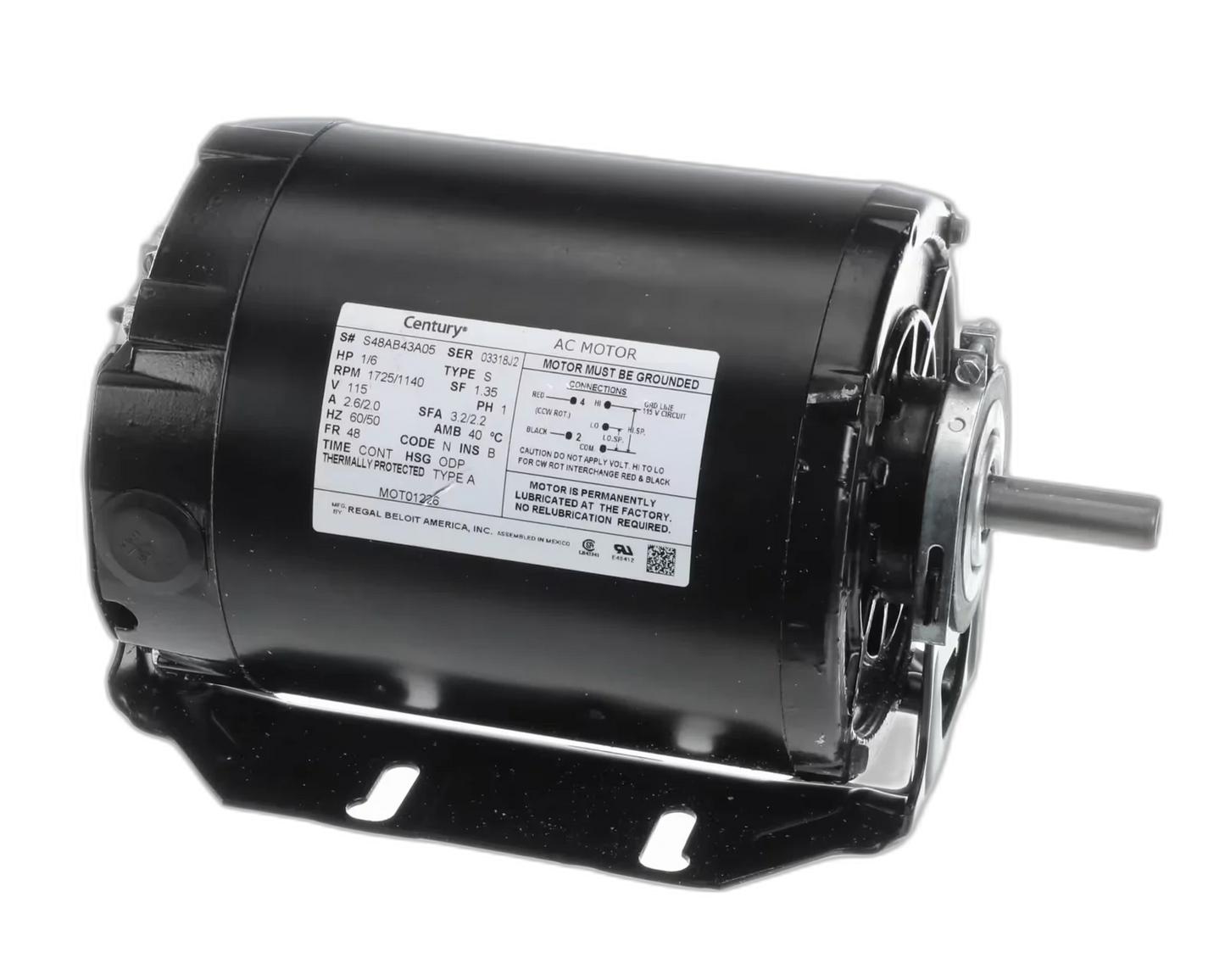 Motor, 115 Volt, 60HZ, 1PH, 1725 RPM, 2 Speed, 1/16 HP, 48 Frame Blower Motors, Fan, Run Capacitors