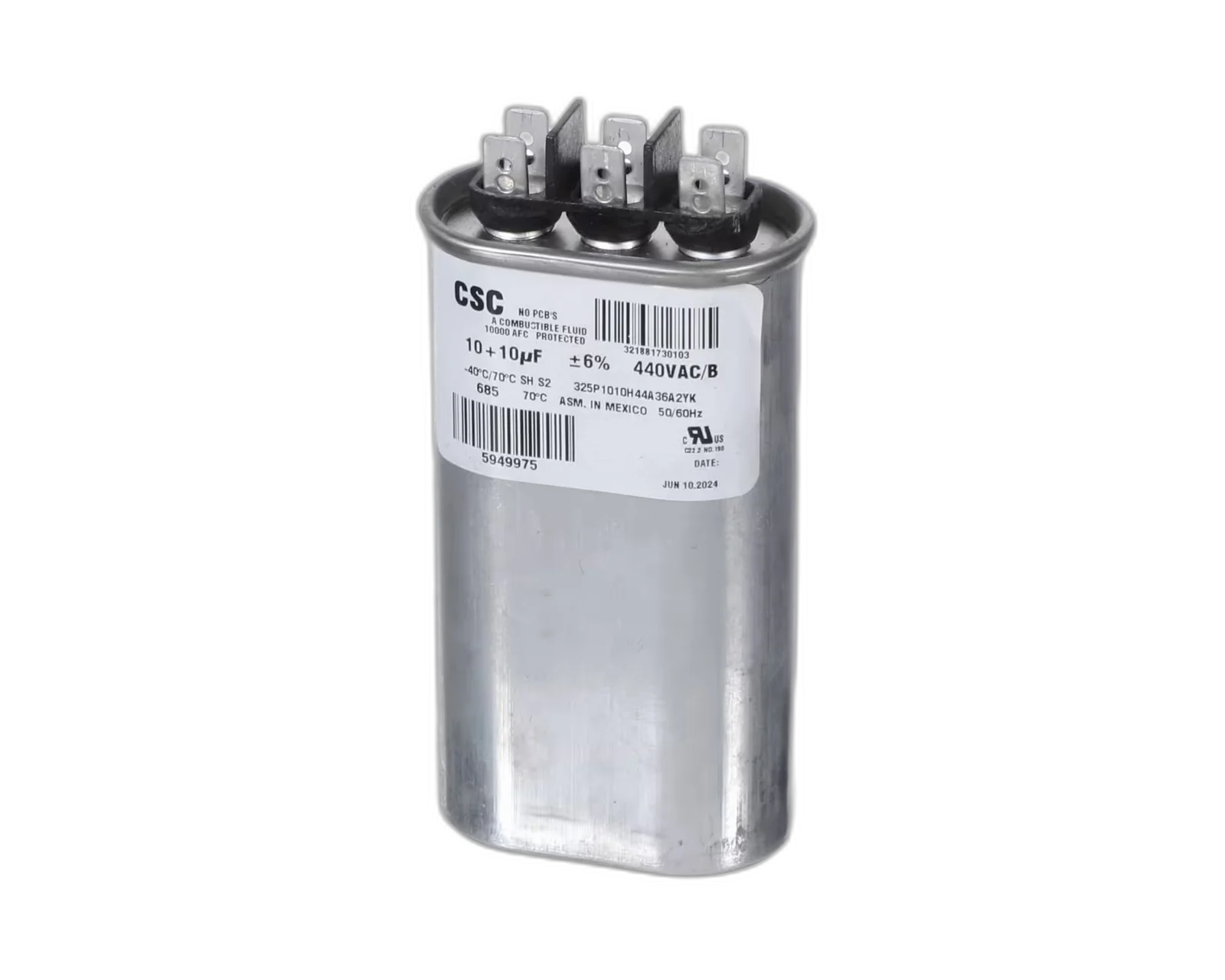 Capacitor, Run, Dual, 10 + 10uF, 440VAC, 50/60HZ, Oval Blower Motors, Fan, Run Capacitors