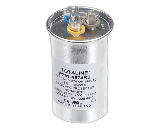 Capacitor, Run, Round, 45 + 7.5 MFD, 370/440VAC, 50/60HZ Blower Motors, Fan, Run Capacitors